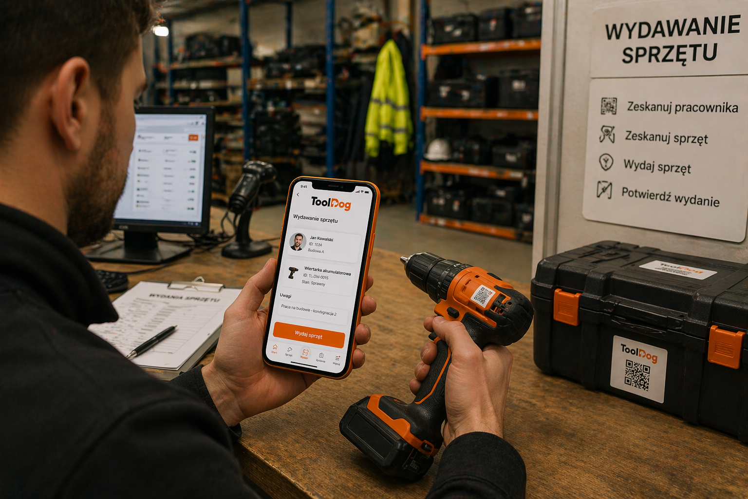 Widok aplikacji ToolDog z informacjami o sprzęcie i historią operacji